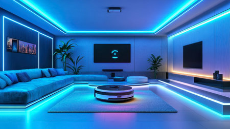 A stylish modern living room featuring vibrant LED lighting and sleek furniture. The space combines comfort with innovative technology, creating a perfect ambiance for relaxation and entertainment.の素材