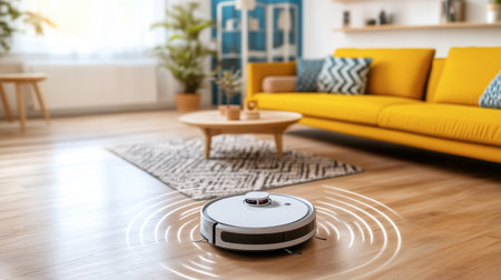 A sleek robotic vacuum cleaner operates on a wooden floor in a stylish living room. Its modern design complements the cozy furnishings, showcasing efficient home cleaning technology.の素材