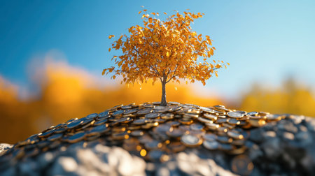 A stunning golden tree stands proudly atop a mound of shiny coins, symbolizing wealth and prosperity. The autumn colors and bright sky enhance the scene's beauty and metaphorical depth.の素材