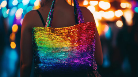 A vibrant, rainbow sequin tote bag worn over a woman's shoulder, illuminated by colorful lights at a lively festival, showcasing playful fashion and joy.の素材