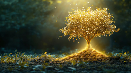 A mesmerizing golden tree representing wealth and prosperity stands in a serene forest illuminated by warm sunlight. Ideal for themes of growth and success.の素材