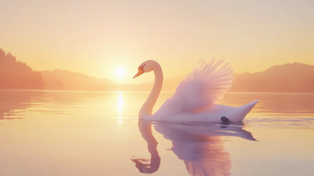 A graceful swan glides effortlessly across a tranquil lake at sunrise, creating reflections on the water's surface in a serene landscape filled with soft colors.の素材