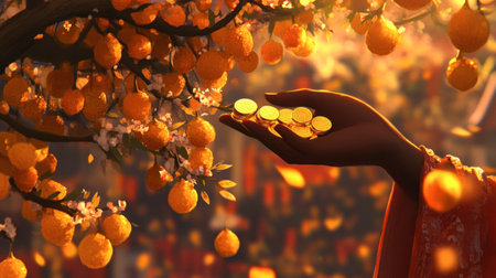 A serene hand holds shimmering coins beneath a vibrant orange tree. This enchanting scene captures the essence of prosperity, warmth, and nature's beauty.の素材
