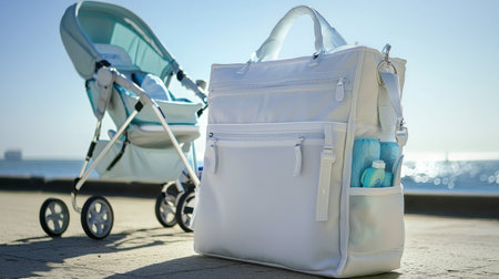 A stylish white diaper bag stands next to a modern baby stroller on a sunlit beach. Perfect for parents seeking a blend of fashion and functionality while enjoying outdoor outings.の素材