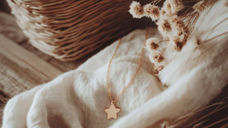 A beautiful gold star necklace elegantly draped on soft fabric, showcasing a minimalist design. Perfect for capturing fashion, beauty, and lifestyle themes.の素材
