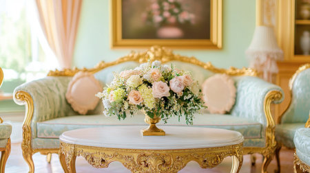 A beautifully arranged floral centerpiece sits atop a stylish coffee table in a luxurious living room, featuring elegant furniture and soft pastel hues.の素材