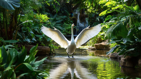 A stunning white swan gracefully spreads its wings in a tropical oasis, reflecting in the calm water, surrounded by vibrant greenery and tranquil nature.の素材
