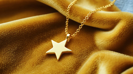 A stunning gold star pendant rests delicately on soft yellow fabric, creating a luxurious and vibrant composition ideal for fashion and jewelry enthusiasts.の素材