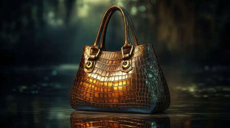 A stunning crocodile leather handbag elegantly displayed on a reflective surface, showcasing its luxurious texture and design in a beautifully lit environment.の素材