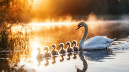 A serene image of a mother swan guiding her six fluffy chicks through the calm waters of a lake at sunrise, surrounded by soft mist and glowing light.の素材