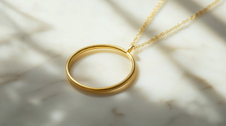 A close-up of an elegant gold necklace pendant resting on a light stone surface, showcasing its beautiful shine and minimalistic design, perfect for fashion lovers.の素材