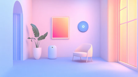 A serene modern living room featuring a stylish chair, gentle lighting, and minimal decor, creating a cozy ambiance perfect for relaxation and creativity.の素材