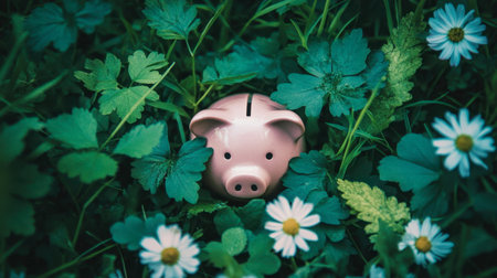 A charming pink piggy bank nestled among vibrant green grass and delicate wildflowers, symbolizing savings, nature, and financial growth in a serene environment.の素材