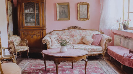A beautiful vintage living room featuring soft pink decor, antique furniture, and warm lighting, creating a cozy and inviting atmosphere perfect for relaxation.の素材