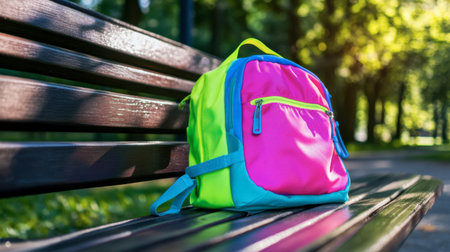 A brightly colored backpack in pink and green sits on a park bench under sunlight, showcasing a joyful and vibrant outdoor scene. Perfect backdrop for leisure activities.の素材