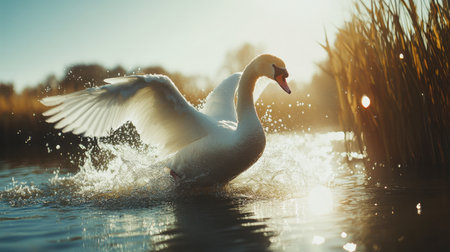 A graceful swan creates splashes in a sunlit lake, showcasing its beauty amidst vibrant reeds. The scene captures wildlife in serene outdoor splendor.の素材