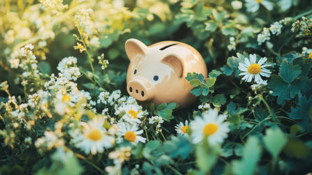 A charming piggy bank nestled among lush greenery and white daisies, symbolizing saving and prosperity. This serene garden scene highlights nature's beauty and encourages financial reflection.の素材