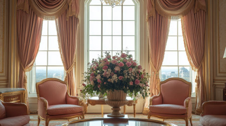 A beautifully designed living room featuring plush seating and a stunning floral arrangement. The space exudes elegance with its rich textures, large windows, and soft lighting, creating a welcoming atmosphere.の素材