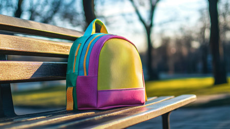 This image features a vibrant and colorful backpack resting on a park bench under warm sunlight, showcasing a stylish design perfect for youth and casual outings.の素材