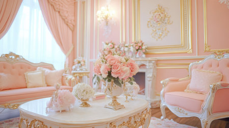 This stunning interior design showcases an elegant pink living room, adorned with floral arrangements and luxurious furniture, creating a warm and inviting atmosphere.の素材