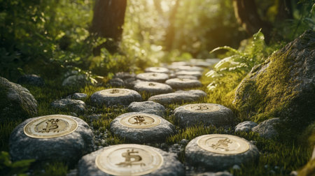 A captivating forest scene features shimmering gold coins scattered on a mossy stone pathway, evoking themes of treasure and adventure in nature.の素材
