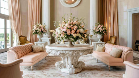This stunning living room features an exquisite floral arrangement atop a beautifully crafted table, surrounded by plush pastel sofas. The space exudes elegance and sophistication.の素材