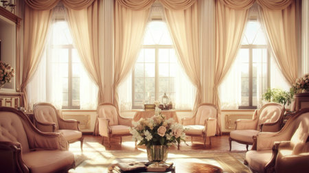 This elegant living room features soft colors, vintage furniture, and a beautiful floral arrangement, all highlighted by natural light streaming through large windows, creating a warm and inviting atmosphere.の素材