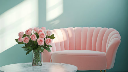 A stylish pink sofa paired with a bouquet of fresh roses creates a charming and inviting atmosphere in a modern living room, enhanced by natural light.の素材