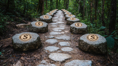 A serene pathway made of stone leads through a lush forest, adorned with currency symbols. This captivating scene evokes concepts of wealth, growth, and inspiration in nature.の素材