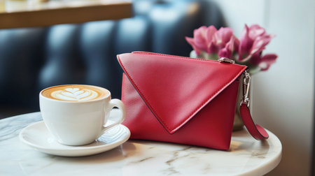 This image features an elegant red purse alongside a beautifully crafted coffee in a cozy cafの素材