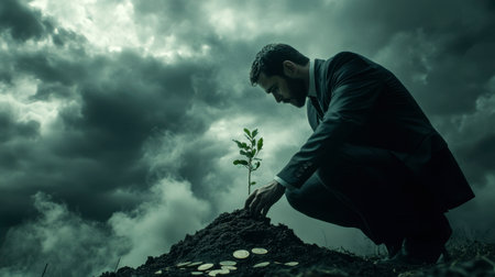 A businessman crouches beside a young seedling, symbolizing growth amidst a stormy backdrop. This image captures the essence of nurturing potential and sustainable investment in uncertain times.の素材