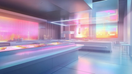 A stunning view of a modern futuristic restaurant interior showcasing vibrant neon lighting, sleek design, and an inviting atmosphere, perfect for dining.の素材