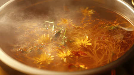 A captivating scene of fragrant herbal tea brewing in a pot, featuring delicate flowers and spices that create a warm, inviting atmosphere. Perfect for wellness and culinary themes.の素材
