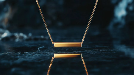 A stunning golden pendant necklace gracefully suspended above a dark reflective surface, showcasing its elegant design and shimmering details. Perfect for showcasing luxury.の素材