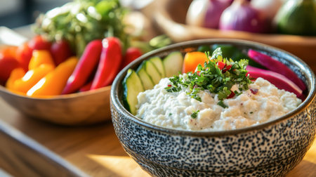 A vibrant assortment of fresh vegetables arranged beautifully with a creamy dip. Ideal for healthy snacks, parties, and culinary presentations that delight the senses.の素材