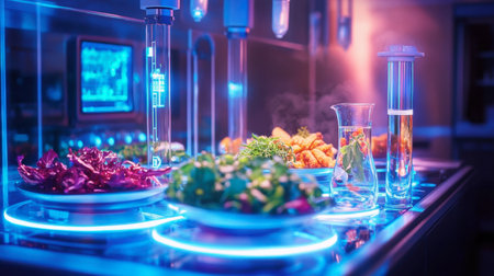 A modern kitchen scene showcasing vibrant food ingredients under neon lights, highlighting creativity in culinary preparation and presentation.の素材
