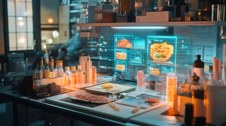 A modern kitchen featuring advanced technology displays showcasing food and recipes, surrounded by elegantly arranged ingredients and utensils.の素材