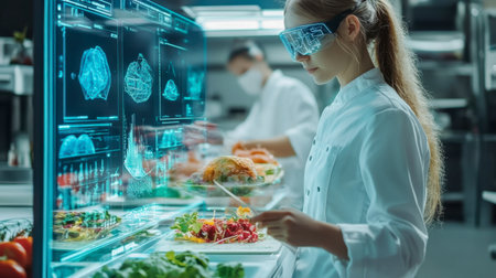 A chef applies augmented reality technology in a modern kitchen, showcasing innovative food preparation techniques. The environment emphasizes professionalism and creativity.の素材
