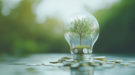 This image depicts a light bulb containing a tree, symbolizing growth and sustainability amid coins, conveying harmony between nature and finance.の素材