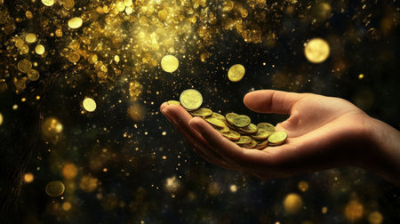 A hand elegantly releases a stream of glimmering gold coins, creating a magical atmosphere with sparkling particles around. Perfect for themes of wealth and prosperity.の素材