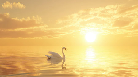 A graceful swan gliding across still waters during a stunning sunrise. The soft golden light illuminates the tranquil scene, evoking peace and beauty.の素材