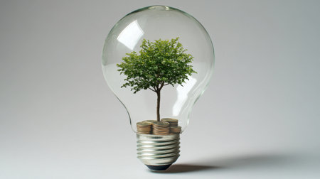 This artistic image showcases a lightbulb filled with a miniature tree and coins, symbolizing growth, investment, and eco-friendly innovation in a creative context.の素材