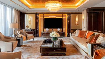 Discover the sophisticated appeal of a luxurious living room featuring elegant furnishings, warm lighting, and a stylish ambiance. Ideal for modern interiors.の素材