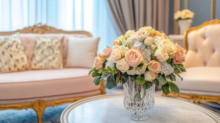 A beautifully arranged bouquet of roses and flowers graces a stylish table in a luxurious living room, enhancing the ambiance with elegance and charm.の素材