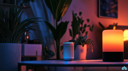 A serene interior setting featuring a table lamp casting a warm glow, a cozy can on the table, and lush indoor plants creating a relaxing atmosphere.の素材