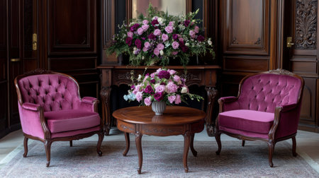 A beautiful vintage living room featuring elegant purple chairs, a wooden table, and a stunning floral arrangement, creating a cozy and inviting atmosphere.の素材