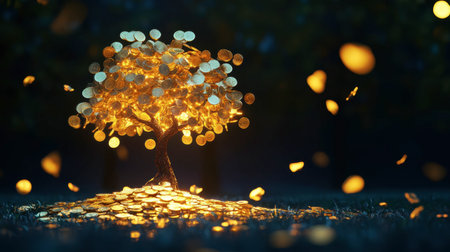 A mesmerizing golden tree made of shimmering coins stands illuminated against a vibrant backdrop, symbolizing wealth, growth, and the abundance of nature.の素材