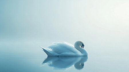 A serene swan gracefully floats on a tranquil lake, enveloped in soft mist. The peaceful atmosphere and gentle reflection create a stunning, minimalist scene.の素材