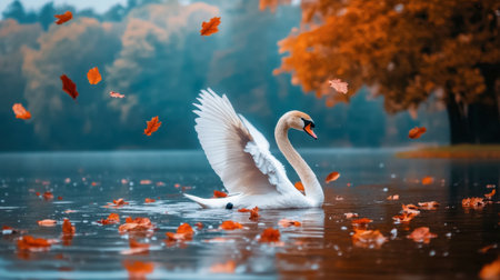 A graceful swan glides across a serene lake, surrounded by vibrant autumn leaves. The tranquil scene captures nature's beauty during fall, highlighting peaceful reflections.の素材