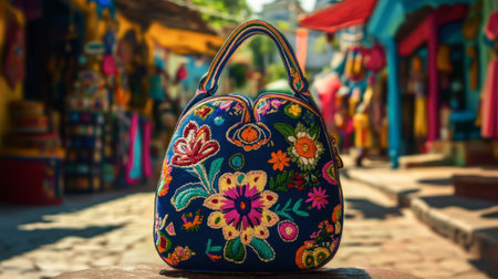 A colorful embroidered handbag featuring intricate floral patterns, showcased in a lively market. This unique piece represents vibrant artistry and local craftsmanship.の素材